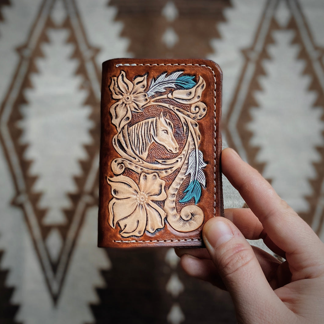Feathers and Horse Tooled Leather Wallet