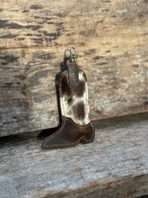 Load image into Gallery viewer, Cowhide Cowgirl Boot Chapstick Holder Keychain
