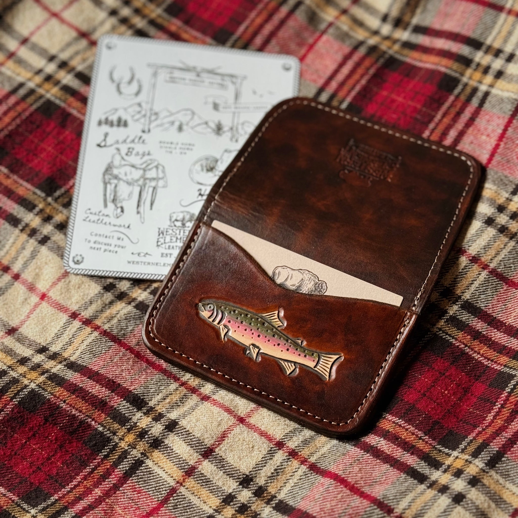 Hand Tooled Leather Business/Credit store Card Wallet with Trout