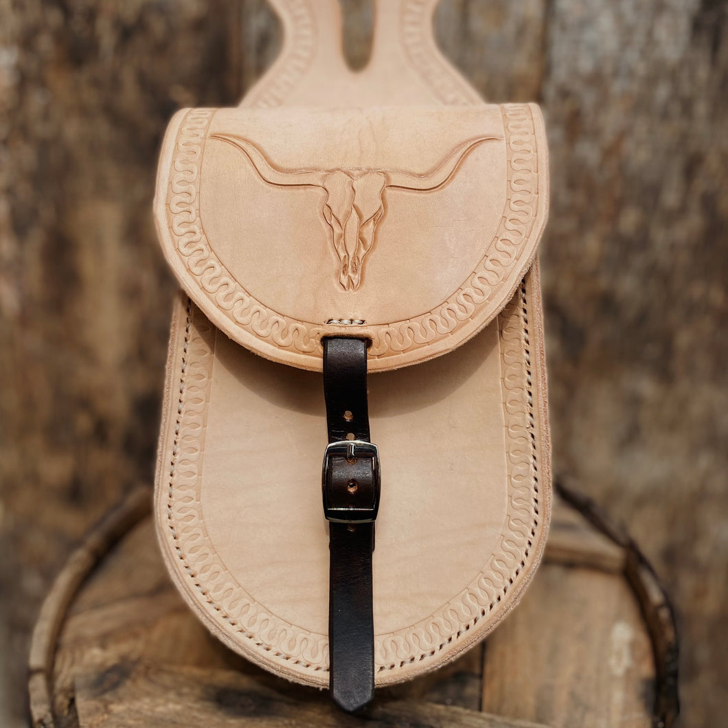 Tooled Leather Longhorn Western Saddle Horn Bag