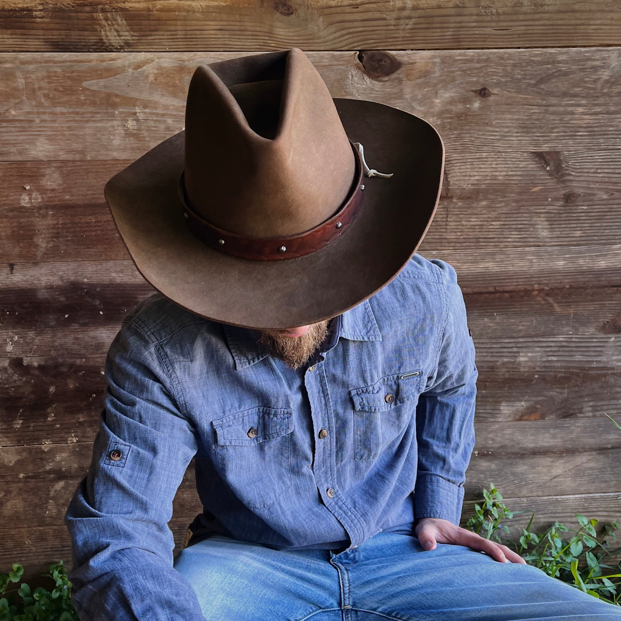 Stamped and Studded Bison Brown Leather Cowboy Hatband 